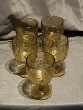 Five (5) Vintage Bartlett Collins Amber Thumbprint Goblets Glasses