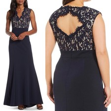 Eliza J Lace Beaded Bodice Navy Trumpet Flattering Evening Gown 20W NWT