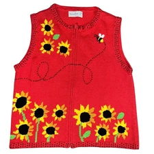 Vintage Sunflowers and bees  Bellepointe red knit cardigan fall sweater women 