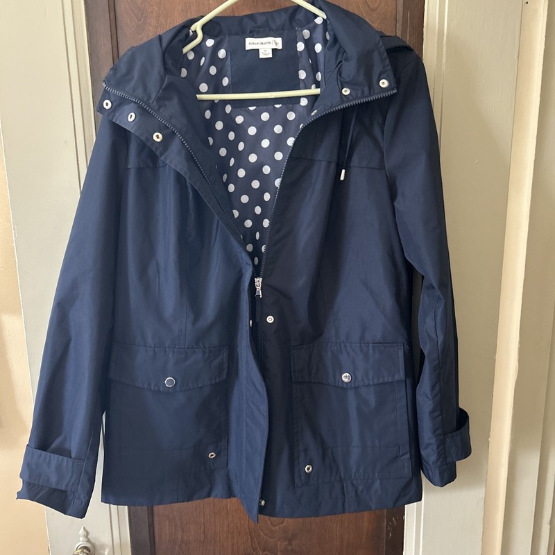 Susan Graver Women’s Medium Navy Lightweight Jacket Snap Zip Removable Hood