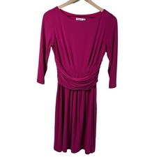 Eliza J Womens 6 Maroon 3/4 Sleeve Pleated Ruched A-Line Dress Stretch Boatneck