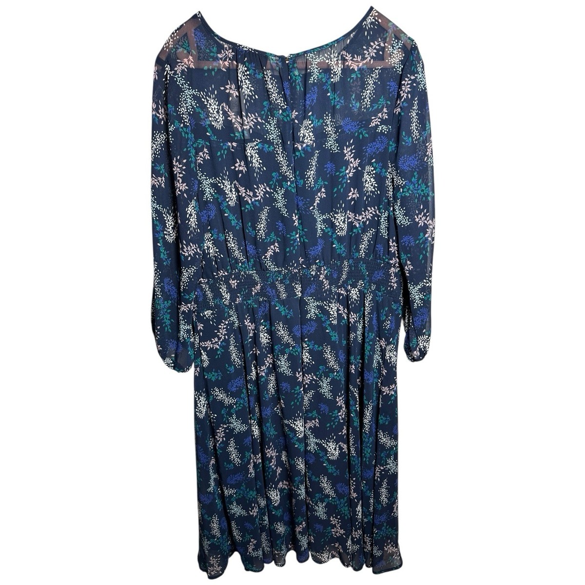 lane bryant blue floral dress Lane Bryant Blue Floral Smocked Waist Midi Sheer Contrast Peasant Dress 16  NWT