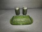 VINTAGE ANCHOR HOCKING GREEN SORENO AVOCADO STICK BUTTER DISH and SALT & PEPPER