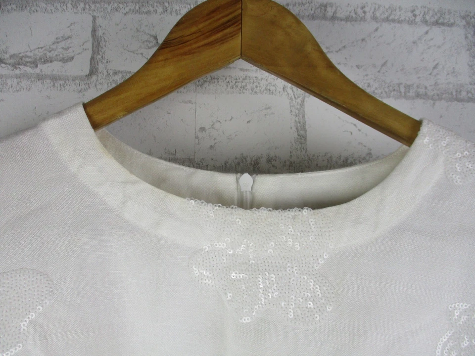 Alpha 60 Mujer Top Blusa Blanco Lino Mezcla Lentejuelas XS, 8 Manga Corta Foto 2 de 4