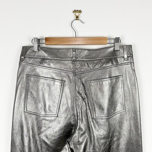 Massimo Dutti Metallic Leather Pants High Waist Straight Leg Silver Size L NWT - Picture 7 of 14