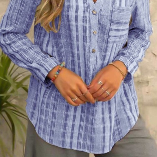 Womens Casual V Neck Striped Long Sleeve T Shirt Ladies Pocket Tunic Tops Blouse - Picture 13 of 23