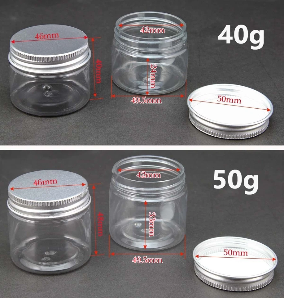 Empty PET Jars Aluminum Lids Clear Silver Plastic Cosmetic Cream 25/30/40/50ml - Image 2 of 3