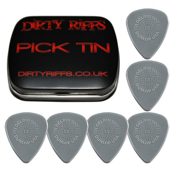 6 x Dunlop Delrin Prime Grip Guitar Picks / Plectrums 1.50mm Grey In A Pick Tin