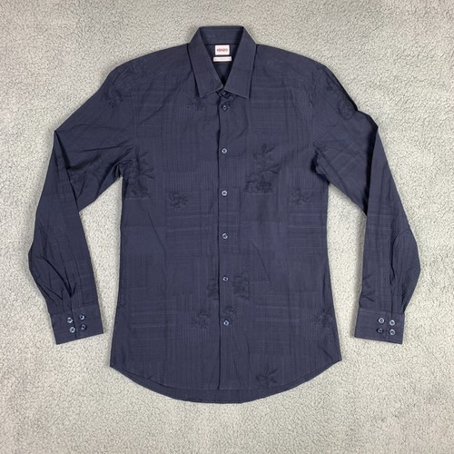 Kenzo Dress Shirt Mens 38/15 Navy Blue Slim Fit Floral Print Long Sleeve Cotton