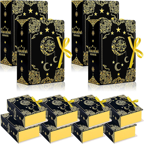36PCS Eid Mubarak Favor Boxes - Black & Gold Moon Star Treat Boxes with Ribbon