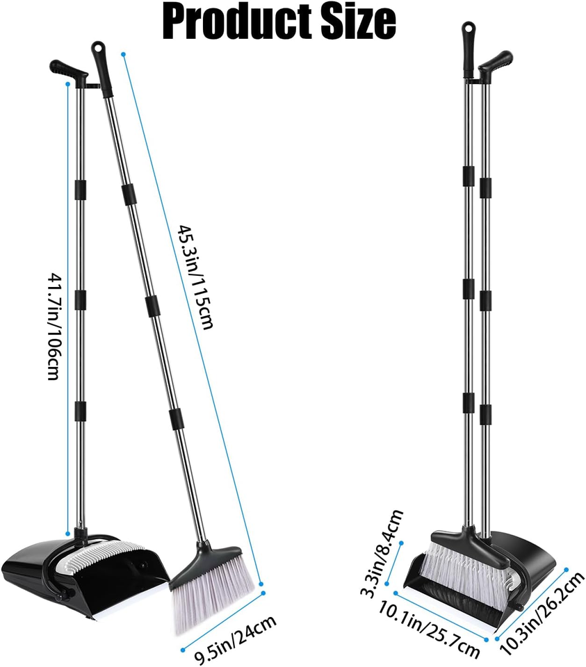 Broom and Dustpan Set with Long Handle, Windproof Stand up Dustpan with