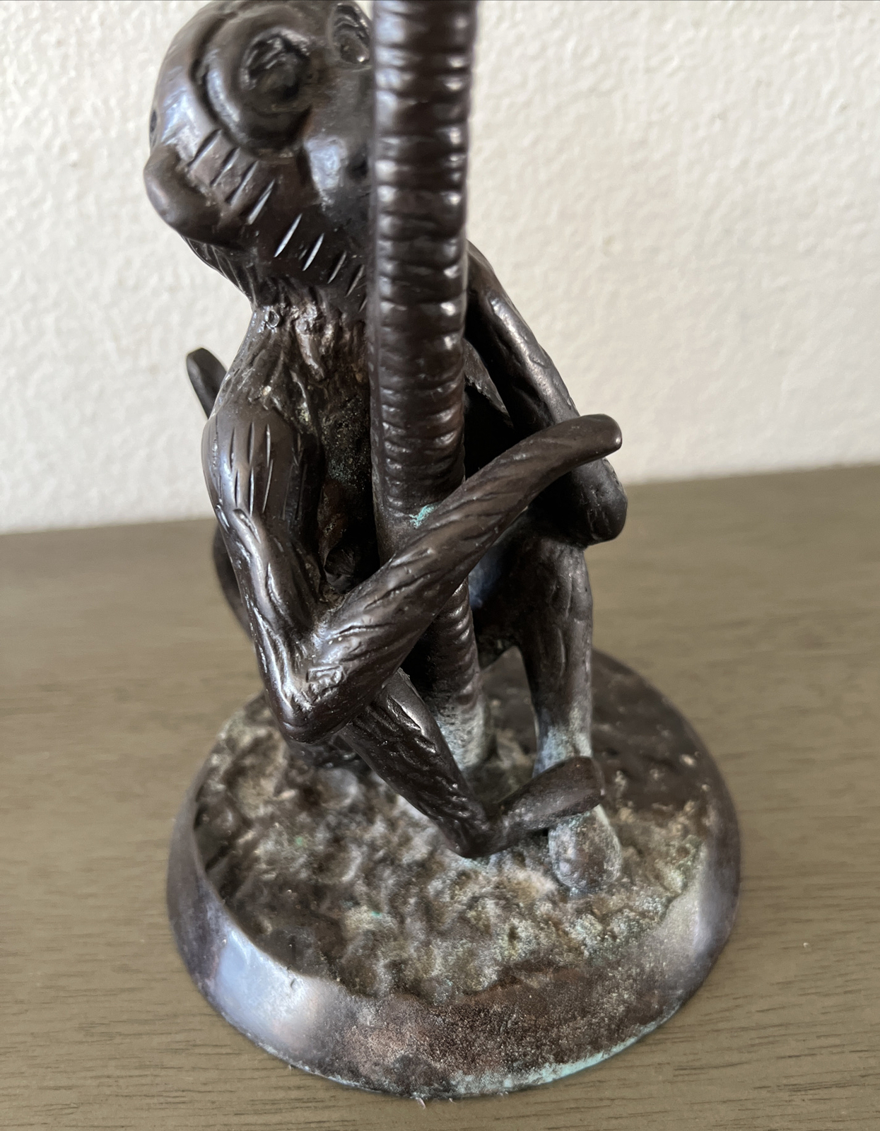 Vintage Pair Of Solid Bronze Monkeys Climbing Palm Tree Candle Holders