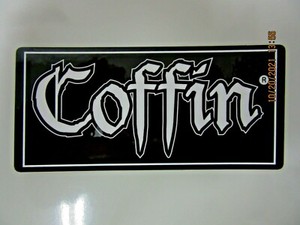 COFFIN CASE GUITAR BASS CASE STICKER DECAL WHITE ON BLACK COFFIN STYLE STICKER