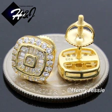 MEN 925 STERLING SILVER 9MM ICY CUBIC ZIRCONIA GOLD PLATED 3D STUD EARRING*198
