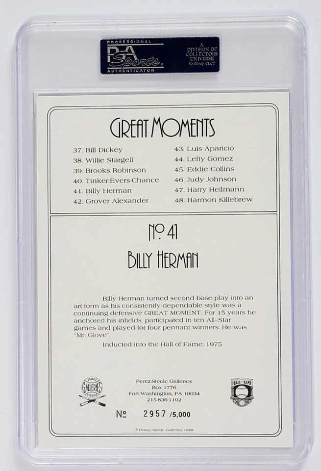 BILLY HERMAN 1988 Perez-Steele Great Moments PSA/DNA GEM MT 10 AUTO HOF Cubs - Image 2 of 3