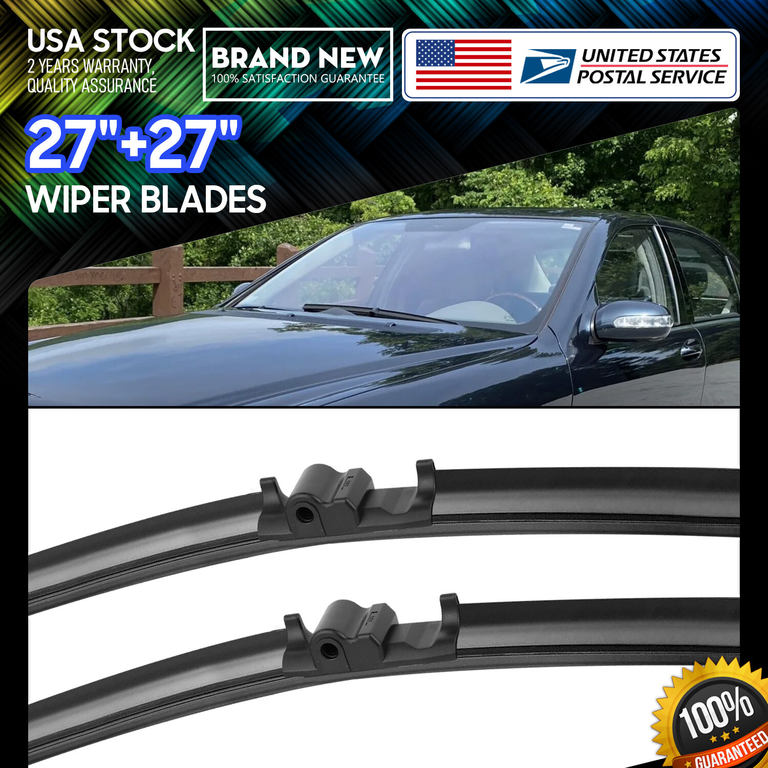 27''+27'' Quality Bracketless Windshield Wiper Blades Side lock Pair All Season