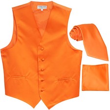 New Men's Orange formal vest Tuxedo Waistcoat necktie hankie set wedding