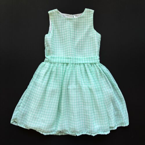 Girls 7 Mint Green White Check Chiffon Dress Sleeveless Waist Sash Lined