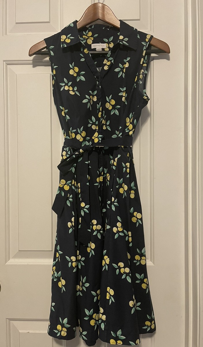 charter club lemon dress Charter Club Lemon Print Collared Button Down Shirt Dress Pleated Dark Blue  Sz 4
