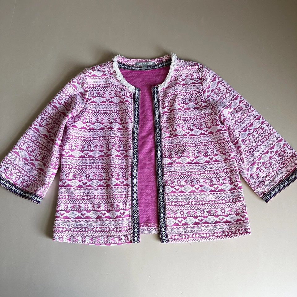 Cárdigan boho Valerie Stevens estampado tribal azteca frente abierto mangas 3/4 rosa M Foto 3 de 4