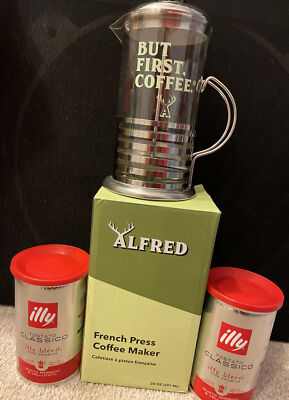 Alfred French Press Coffee Maker 20 oz. But First Coffee Glass New 2 Cans Coffee