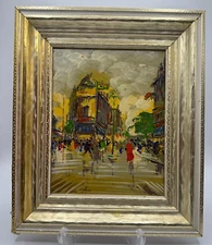PARIS MARKET STREET SCENE VTG OIL PAINTING UNSIGNED Illinois Moulding Co *Read
