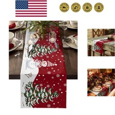 Christmas Table Runner - Cotton Linen 72 Inches, Snowman Rustic Red Snowflake...