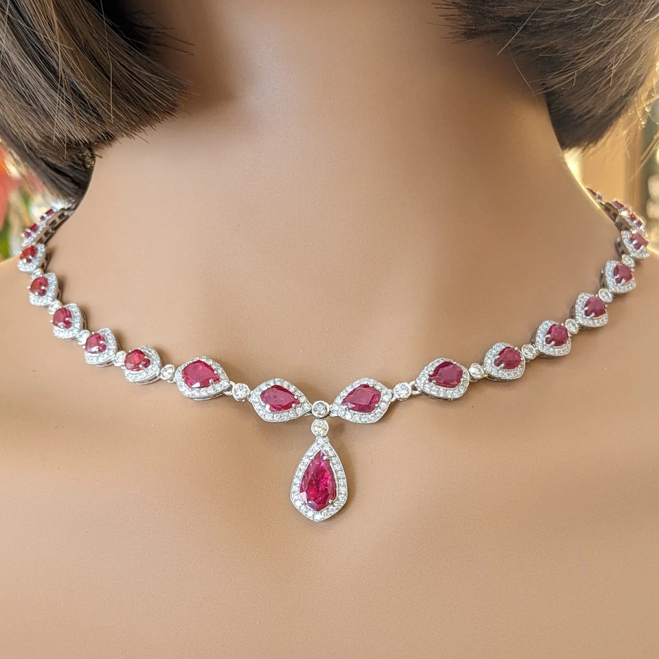 Ruby and Diamond Drop Choker Necklace in 18k White Gold - HM2717NI