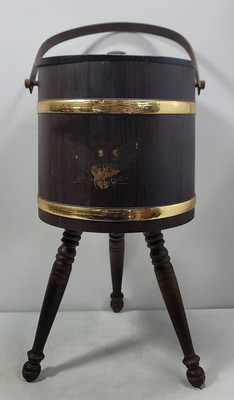 Vintage 3 Leg Tripod Wood Stave Barrel Removable Lid Sewing Storage Bucket