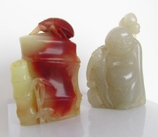 80s Two Chinese Shoushan Soapstone Figurine Seal Chop Stamp Bamboo Beetle Buddha
