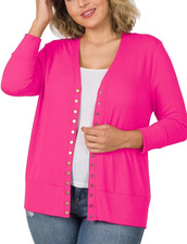 1X 2X 3X Snap Button 3/4 Quarter Sleeve Sweater Cardigan Ribbed Detail Neckline