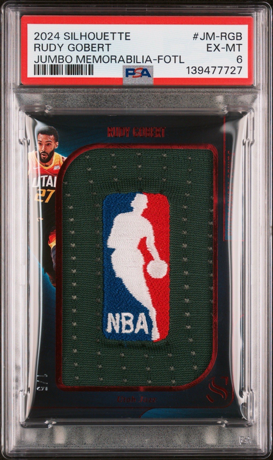 Rudy Gobert 2024 Panini Silhouette Jumbo NBA Logo Patch /5 Game Worn PSA 6 SSP
