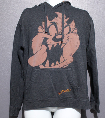 Looney Tunes Six Flags Hoodie Sz L Taz Gray Pullover Sweatshirt