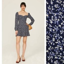 Reformation Mochi Mini Dress  Floral Navy Puff Sleeve Smocked  Size Large