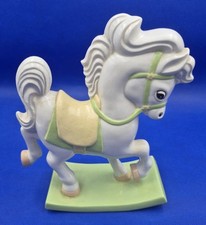 Vintage 80s Ceramic Rocking Horse Decor Cream Green Yellow 8x7x2.5" ADORABLE