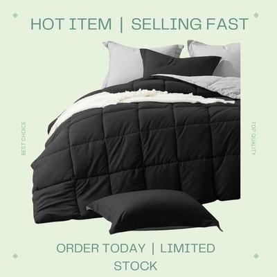 California King Comforter Set Black Reversible Down Alternative 3PC Black Grey