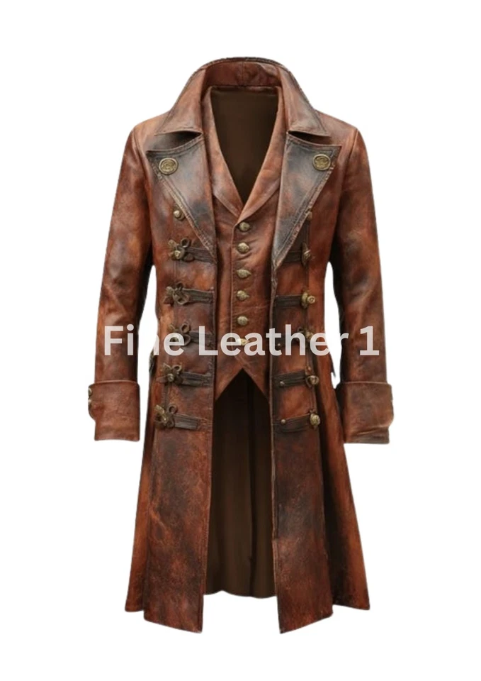 Mens Pirate Halloween Cosplay Style Distressed Real Leather Trench Coat NO VEST - image 2 of 4