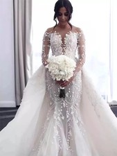 Illusion Long Sleeves V-neck Mermaid Wedding Dresses Appliques Detachable Train