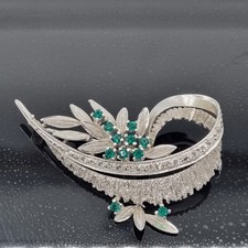 Vintage Brosche Silber 925 mit Grünen Stein Floral Handarbeit Unikat Schmuck RAR