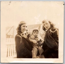 Vintage Snapshot Smiling Girls Holding Baby 1930s