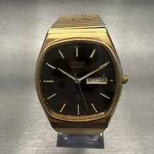 Citizen CQ Watch Men 33mm Brown Dial Gold Tone Daydate Rectangle 4-211898Y VTG