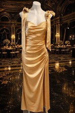 Gold Satin Evening Gown Sz 10 Formal Dress Slit Wedding Guest Dress NWOT