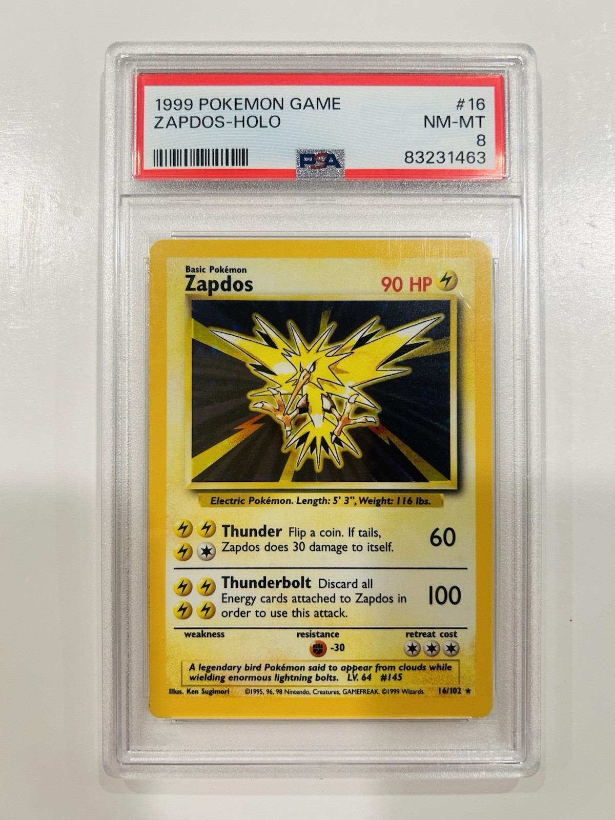 1999 WOTC POKEMON GAME BASE SET UNLIMITED ZAPDOS 16/102 HOLO RARE PSA 8 NM-MT