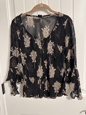 Angie *NEW* Sheer 3/4 Ruffle Sleeve Black & Cream Blouse. Women's M