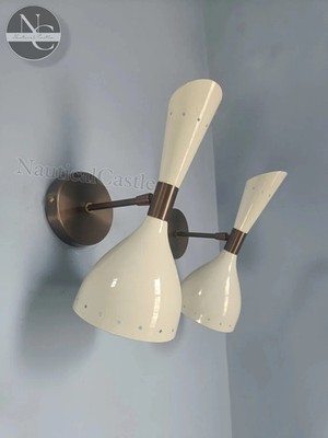 Brass  Mid Century Diablo Wall Sconce Pair:  Italian Cream White Light