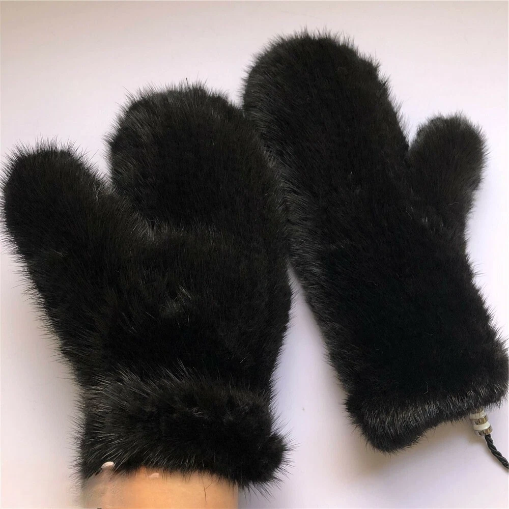 Women's Double Side Real Mink Fur Gloves Warm Knitted Elastic Mittens W String