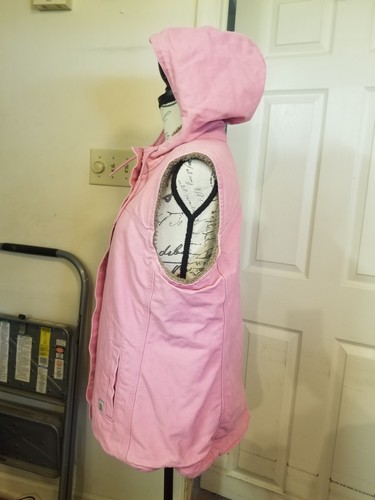 Women's Carhartt Vest M 8/10 Pink Denim Fur Lined Hooded Drwstring Full Snap EUC - Picture 8 of 16