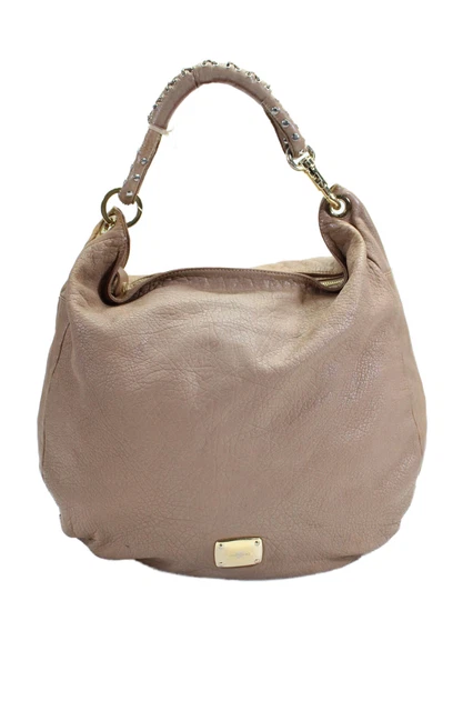 Jimmy Choo Womens Leather Studded One Zip Up Top Handle Handbag Purse Beige
