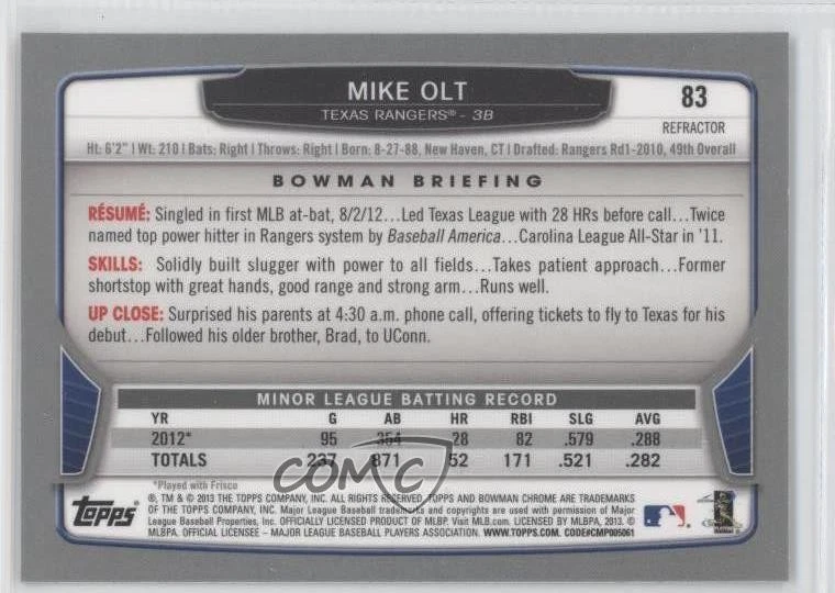2013 Bowman Chrome Rack Pack Green Refractor Mike Olt #83 Rookie RC - Image 2 of 2