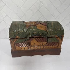 Vintage Hand Carved Folk Art Cedar Wood Trinket Box Honduras Village Scene